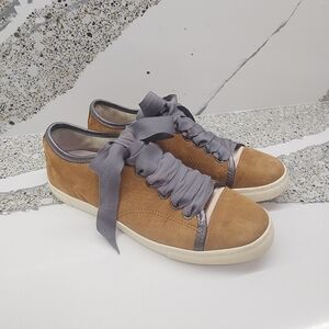 Lanvin Sueded Calfskin Low-Top Sneakers with Pewter Metallic Trim | Size 8.5